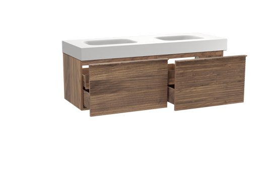 Balmani Forma zwevend badkamermeubel 150 x 55 cm amerikaanse notelaar met Arcato dubbele wastafel in solid surface mat wit, Horizontale symmetrische rechte ribbel