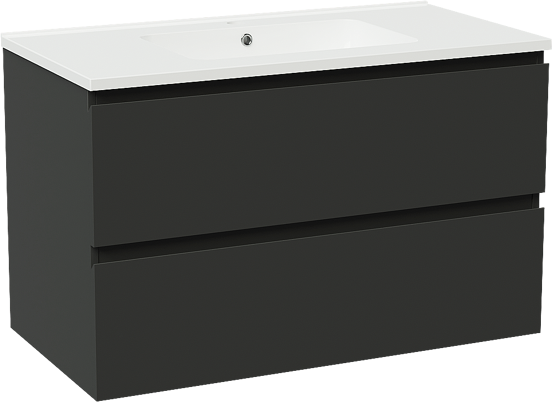 Linie Lado meuble salle de bains suspendu 90 x 46 cm noir mat avec Vano plan simple en marbre composite blanc brillant