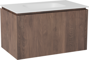 Balmani Eclips zwevend badmeubel 90 x 55 cm Amerikaans notenhout met Tablo Arcato enkele wastafel in Solid Surface mat wit