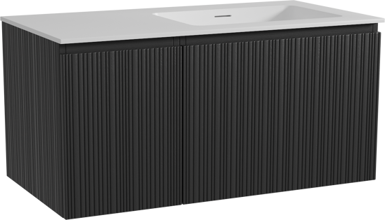 Storke Ribs meuble salle de bains suspendu 100 x 52 cm chêne noir avec Mata plan vasque asymétrique à droite en solid surface blanc mat, Nervure droite asymétrique verticale