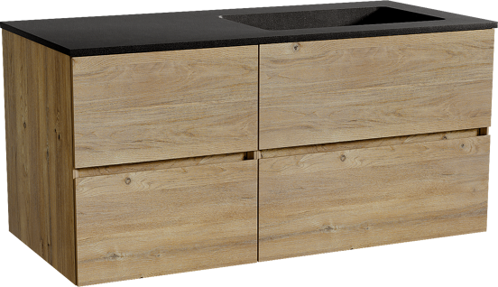 Storke Edge zwevend badmeubel 110 x 52 cm ruw eiken met Scuro asymmetrisch rechtse wastafel in kwarts mat zwart