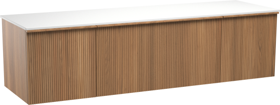 Balmani Forma zwevend badkamermeubel 180 x 55 cm teak met Stretto enkel of dubbel tablet in solid surface mat wit, Verticale symmetrische rechte ribbel