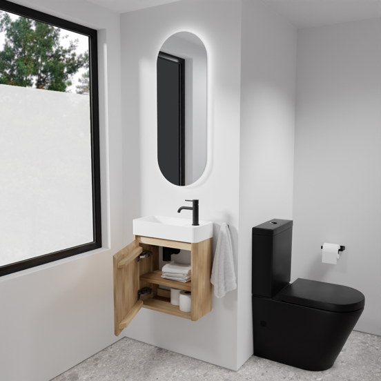 Balmani Fara zwevend toiletmeubel 45 x 22 cm naturel eiken met Fara wastafel in matte Solid Surface