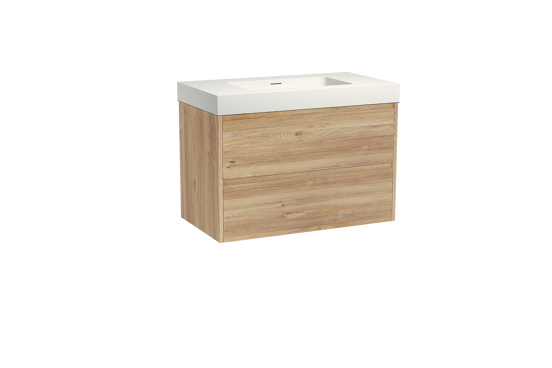 Storke Seda zwevend badkamermeubel 95 x 52 cm ruwe eik met Mata High enkele wastafel in solid surface mat wit