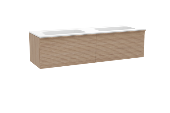 Balmani Forma zwevend badkamermeubel 180 x 55 cm natuur eik met Tablo Strada dubbele wastafel in composietmarmer mat wit, Horizontale symmetrische rechte ribbel