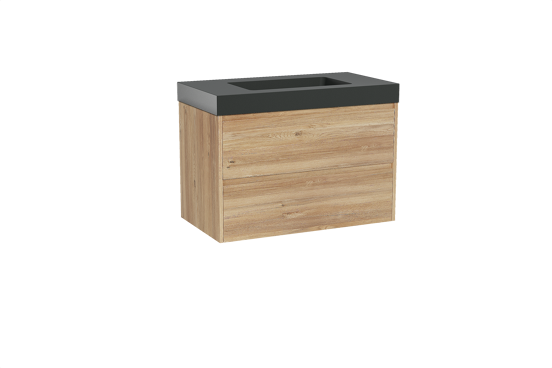 Storke Seda zwevend badkamermeubel 95 x 52 cm ruwe eik met Scuro High enkele wastafel in kwarts mat zwart