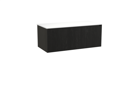 Balmani Fila hängendes Möbelstück Set: 120 x 55 cm, Schwarze Eiche, mit Stretto Einzel- oder Doppel Waschtischplatte, Solid Surface, Weiß matt, Vertikale symmetrische gerade Rippe