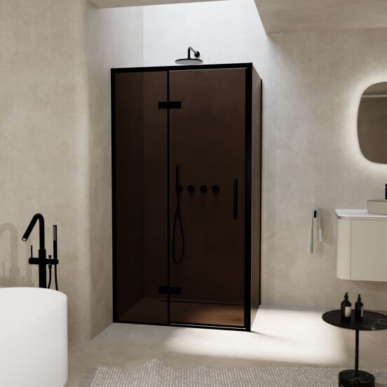 Balmani Senses Design douchehoek met linkse draaideur en vaste zijwand, 100 x 80 cm, Brons, Zwarte profielen, met coating