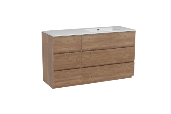 Storke Edge meuble salle de bains à poser 140 x 52 cm chêne brut avec Diva plan vasque asymétrique à droite en marbre composite blanc brillant