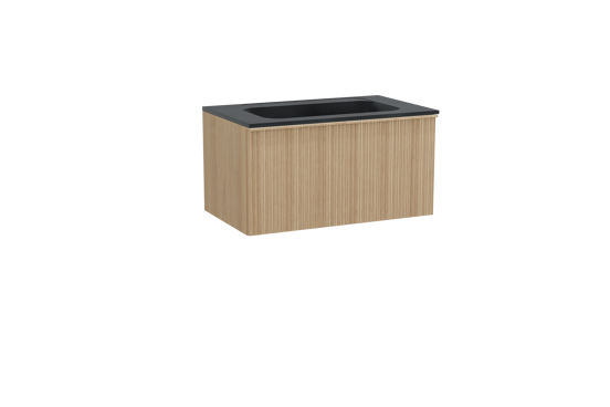 Balmani Forma meuble salle de bains suspendu 90 x 55 cm chêne naturel avec Tablo Strada plan simple en marbre composite noir mat, Nervure circulaire asymétrique verticale