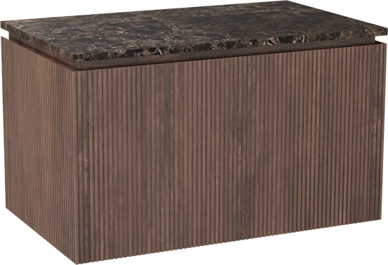 Balmani Eclips hängendes Möbelstück Set: 90 x 55 cm, Amerikanischer Nussbaum, mit Stretto Einzel Waschtischplatte Marmor Dark Emperador, Vertikale symmetrische gerade Rippe