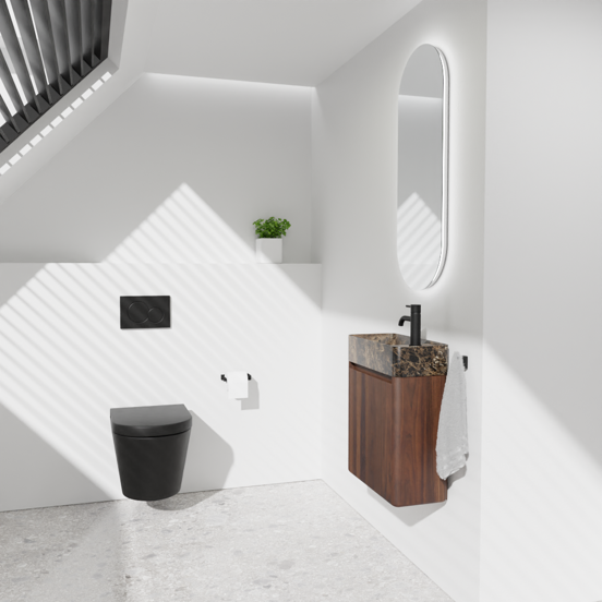Balmani Fara zwevend toiletmeubel 45 x 22 cm amerikaans notenhout met Fara wastafel in Dark Emperador marmer