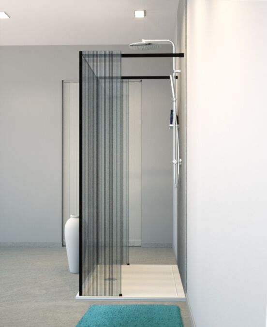 Balmani BMSS Walk-In-Dusche mit freistehender Wand und fixiertem Paneel 140 x 200 cm, Strichcode schwarz Glas , Profil schwarz matt