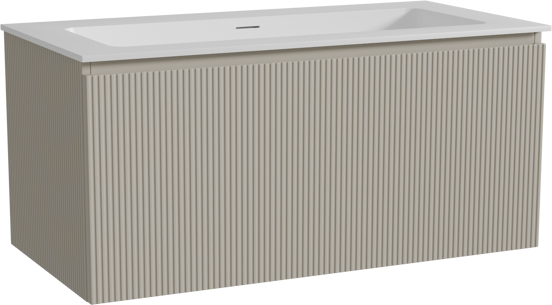 Storke Ribs zwevend badkamermeubel 105 x 52 cm zijdegrijs met Mata enkele wastafel voor 2 kraangaten in solid surface mat wit, Verticale symmetrische rechte ribbel