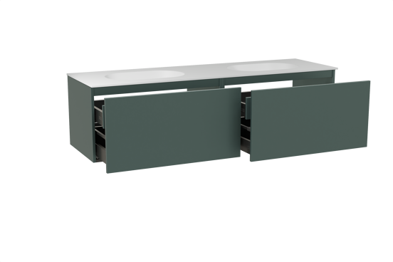 Balmani Sfera zwevend badkamermeubel 180 x 55 cm forest met Tablo Oval dubbele wastafel in solid surface mat wit
