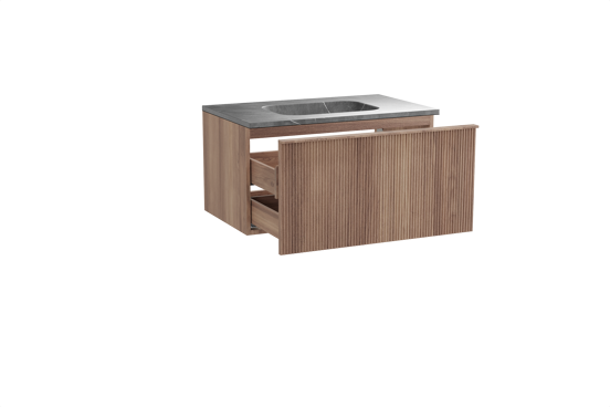 Balmani Forma meuble salle de bains suspendu 90 x 55 cm teck avec Tablo Arcato plan simple en marbre pietra grey, Nervure droite symétrique verticale
