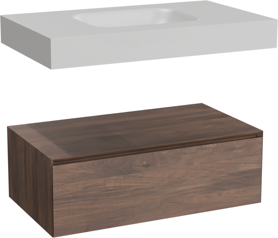 Balmani Mitra Elements hängendes Möbelstück Set: 90 x 55 cm, Amerikanischer Nussbaum mit Arcato Einzelwaschtisch, Solid Surface Weiß matt