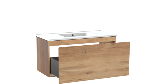 Linie Lado hängendes Möbelstück Set: 100 x 46 cm, Naturbelassene Eiche, mit Vano Einzelwaschtisch, Marmorkomposit Weiß matt