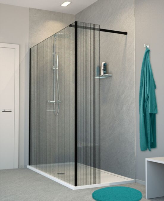 Balmani Modular douche à l'italienne avec paroi latérale fixe 180 x 200 cm verre code barre noir profil noir mat