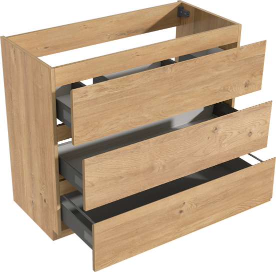 Storke Delta staand wastafelonderkast 100 x 48 cm naturel eiken 3 lades 2 sifonuitsparingen