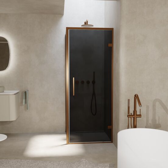 Balmani Senses Design douchecabine met rechtse draaideur en vaste zijwand, 90 x 80 cm, Rookglas, Brushed Rosegold profielen, met coating