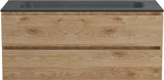 Balmani Lucida meuble salle de bains suspendu 120 x 55 cm chêne brut avec Tablo Arcato lavabo simple pour 2 trous de robinet en granit noir