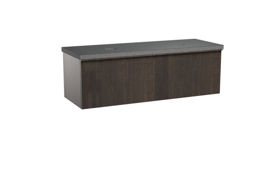 Balmani Forma hängendes Möbelstück Set: 150 x 55 cm, Geräucherte Eiche, mit Rock Doppel Waschtischplatte, Granit, Schwarzes Granit, Vertikale symmetrische gerade Rippe
