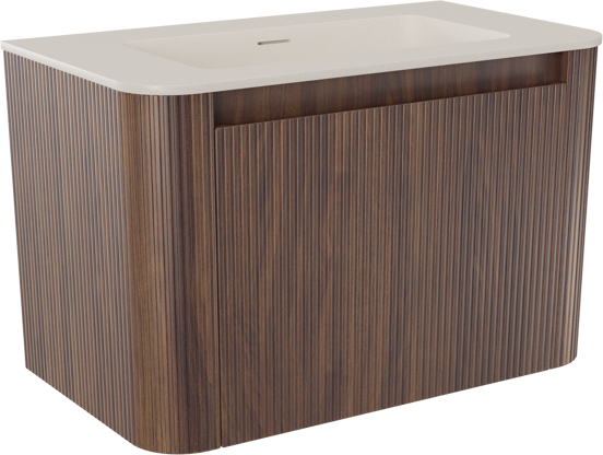 Storke Soft hängendes Möbelstück Set: 80 x 46 cm, Nussbaum, mit Mata Soft Einzelwaschtisch Solid Surface Beige Granit, Vertikale symmetrische gerade Rippe