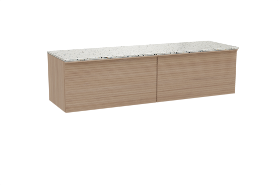 Balmani Forma hängendes Möbelstück Set: 180 x 55 cm, Naturbelassene Eiche, mit Stretto Einzel- oder Doppel Waschtischplatte, Terrazzo in Weiß/Schwarz matt, Horizontale symmetrische gerade Rippe