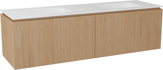 Balmani Eclips zwevend badkamermeubel 180 x 55 cm Natuur eik met Tablo Stretto dubbele wastafel in Solid Surface mat wit, Verticale symmetrische rechte ribbel