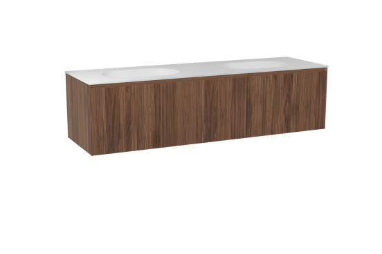Balmani Fila hängendes Möbelstück Set: 180 x 55 cm, Nussbaum, mit Tablo Oval Doppelwaschtisch, Solid Surface, Weiß matt, Vertikale symmetrische gerade Rippe