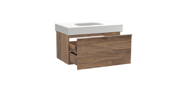 Balmani Forma zwevend badkamermeubel 90 x 55 cm amerikaanse notelaar met Arcato enkele wastafel in solid surface mat wit, Horizontale symmetrische rechte ribbel