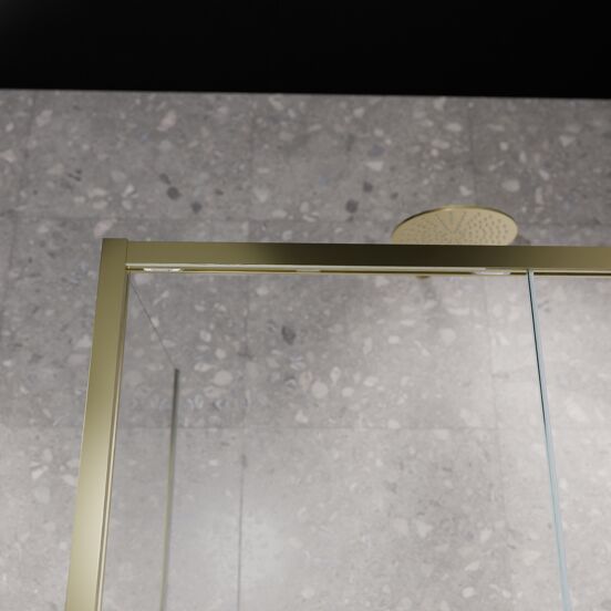 Balmani Senses Design douchehoek met rechtse schuifdeur en vaste zijwand, 180 x 80 cm, Helder glas, Brushed Champagne Gold profielen