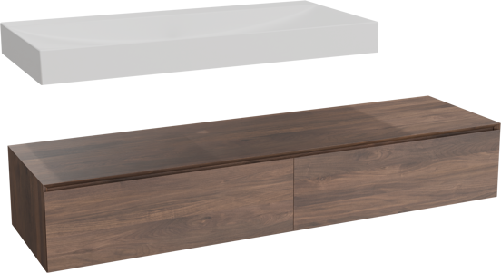 Balmani Mitra Elements hängendes Möbelstück Set: 180 x 55 cm, Amerikanischer Nussbaum mit Wave Einzelwaschtisch für 2 Armaturenlöcher 120 cm, Solid Surface Weiß matt