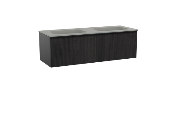 Balmani Forma zwevend badkamermeubel 150 x 55 cm zwarte eik met Tablo Strada dubbele wastafel in composietmarmer zijdegrijs, Verticale symmetrische rechte ribbel