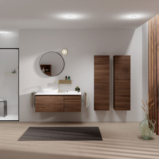 Balmani Forma meuble salle de bains suspendu 120 x 55 cm noyer américain avec Stretto tablette simple ou double en solid surface blanc mat, Nervure droite symétrique horizontale