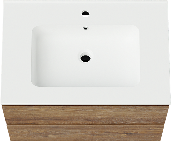 Linie Lado hängendes Möbelstück Set: 70 x 46 cm, Braune Eiche, mit Vano Einzelwaschtisch, Marmorkomposit Weiß matt