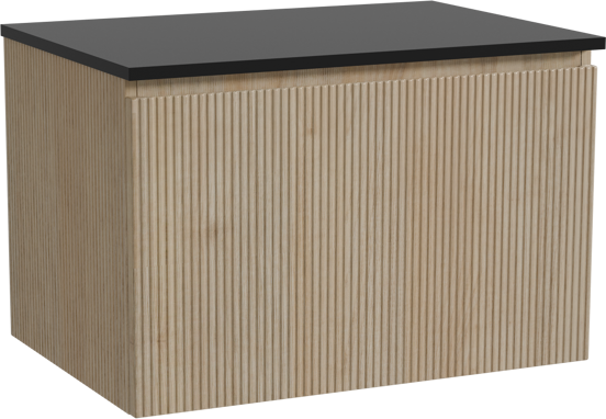 Storke Ribs zwevend badkamermeubel 75 x 52 cm ruwe eik met Panton enkel tablet in gepoedercoate mdf mat zwart, Verticale symmetrische rechte ribbel