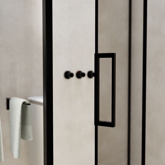 Balmani Senses Design douchecabine met rechtse draaideur en vaste zijwand, 140 x 100 cm, Helder glas, Zwarte profielen, met coating