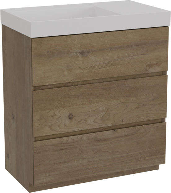 Storke Edge staand badkamermeubel 80 x 46 cm ruwe eik met Jura asymmetrisch linkse wastafel in solid surface mat wit