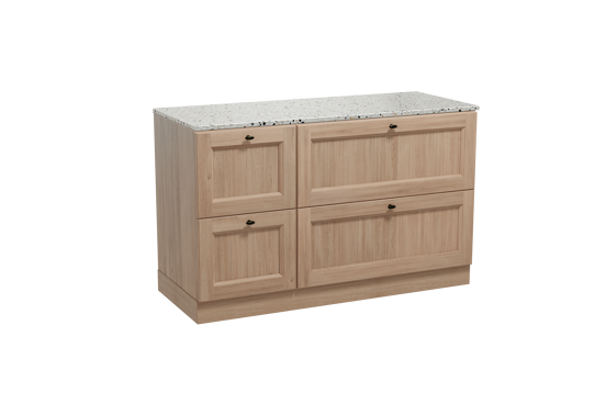Balmani Lemon staand badkamermeubel 135 x 55 cm verweerde eik met Stretto enkel of dubbel tablet in mat wit/zwart terrazzo