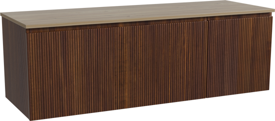 Storke Ribs zwevend badmeubel 150 x 52 cm notenhout met Panton enkel of dubbel wastafelblad in melamine ruw eiken, Verticale symmetrische rechte ribbel