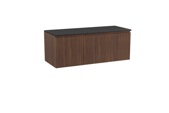 Storke Ribs zwevend badmeubel 130 x 52 cm notenhout met Panton enkel of dubbel wastafelblad in gepoedercoate mdf mat zwart, Verticale symmetrische rechte ribbel