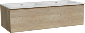 Storke Edge zwevend badmeubel 130 x 52 cm ruw eiken met Diva dubbele wastafel in composietmarmer hoogglans wit