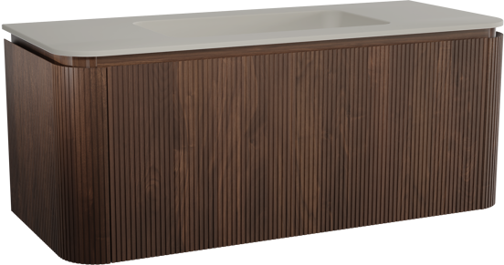 Balmani Moon hängendes Möbelstück Set: 130 x 55 cm, Amerikanischer Nussbaum, mit Moon Einzelwaschtisch, Top Solid, Seidengrau, Vertikale symmetrische gerade Rippe