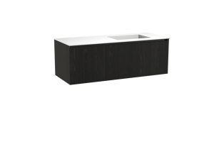 Balmani Fila zwevend badkamermeubel 135 x 55 cm zwarte eik met Tablo Stretto asymmetrisch rechtse wastafel in solid surface mat wit, Verticale symmetrische rechte ribbel