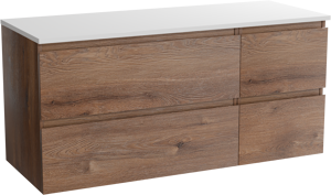 Linie Lado zwevend badkamermeubel 120 x 46 cm bruine eik met Lado dubbel tablet in composietmarmer mat wit