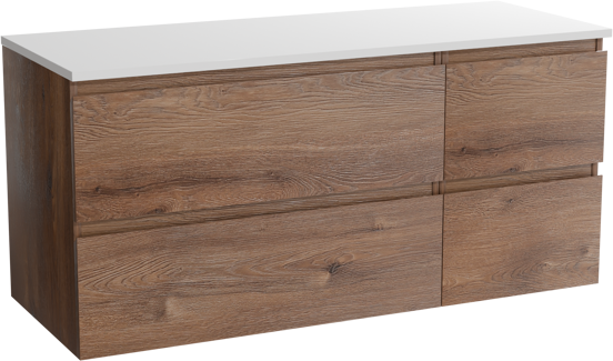 Linie Lado zwevend badkamermeubel 120 x 46 cm bruine eik met Lado dubbel tablet in composietmarmer mat wit