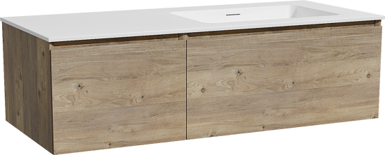 Storke Edge meuble salle de bains suspendu 120 x 52 cm chêne brut avec Mata plan vasque asymétrique à droite en solid surface blanc mat