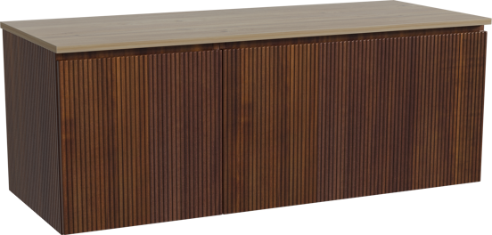 Storke Ribs zwevend badmeubel 130 x 52 cm notenhout met Panton enkel of dubbel wastafelblad in melamine ruw eiken, Verticale symmetrische rechte ribbel